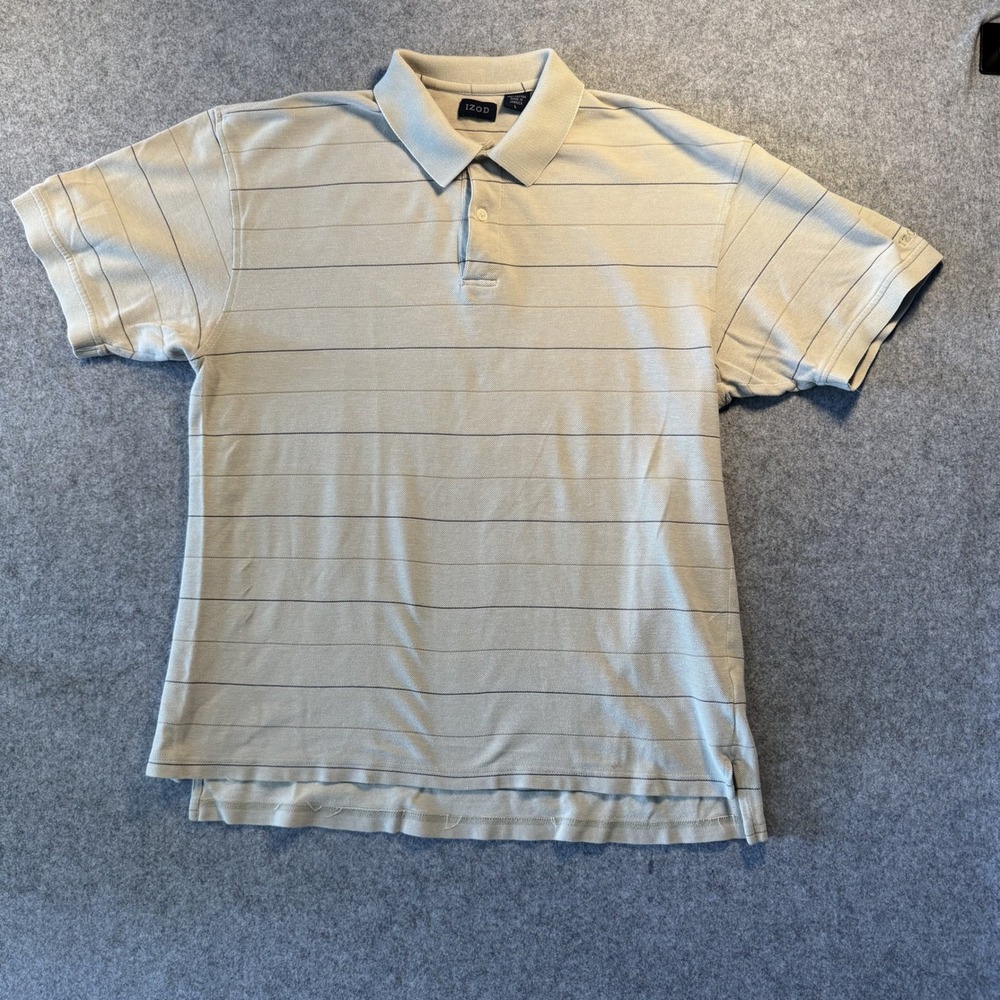 Izod Striped Pique Polo Shirt Large Khaki Tan 100% Cotton Short Sleeve